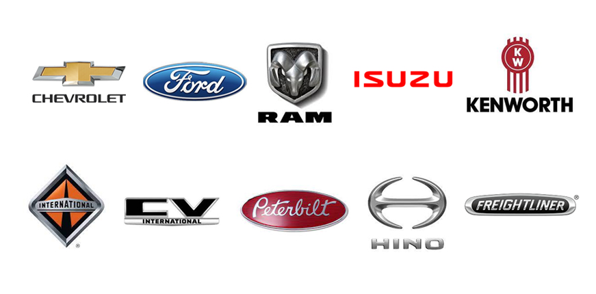 Chevy, Ford, Ram, ISUZU, International, CV International, Kenworth, Peterbilt, Freightliner, and Hino